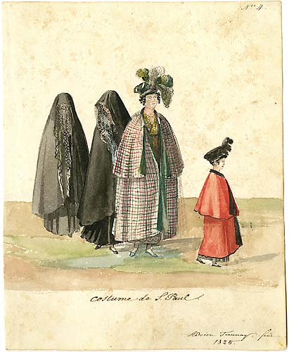 Adrien-Aimée Taunay usou aquarela e nanquim para pintar Vestimentas de São Paulo (1825).