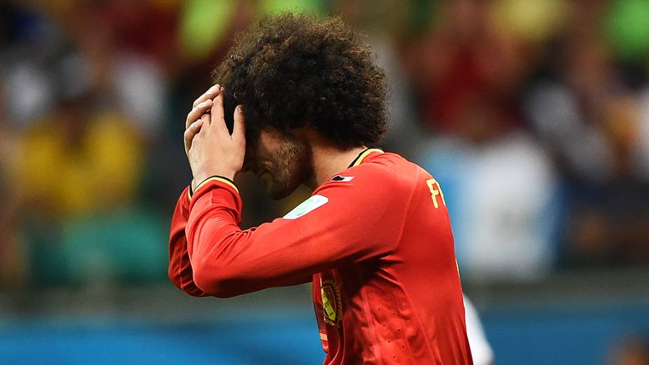 O jogador Marouane Fellaini  no jogo entre Bélgica e Estados Unidos na Arena Fonte Nova, em Salvador