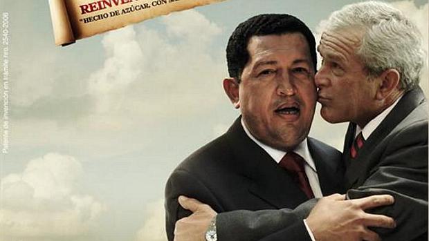 Propaganda da agência La Firma retratava George W. Bush beijando a bochecha de Hugo Chávez