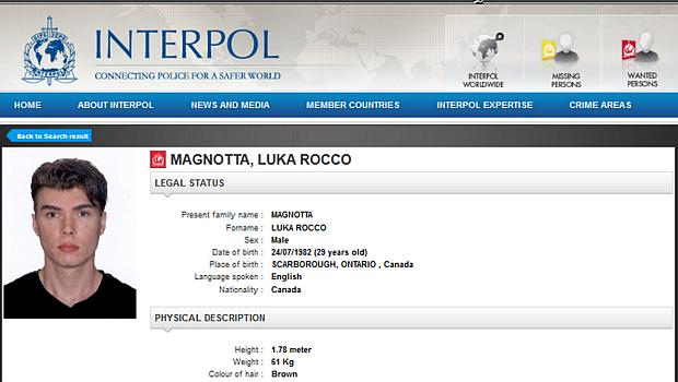 Foto de Luka Rocco Magnotta, suspeito de assassinato, na página da Interpol