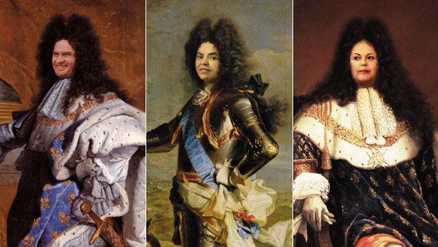 TRÊS GRAÇAS - Da esq. para a dir., Aécio, Marina e Dilma, em pinturas que retratam Luís XIV: olhando de perto, eles até que ficam bem com os paramentos de um rei que se dizia o próprio Estado