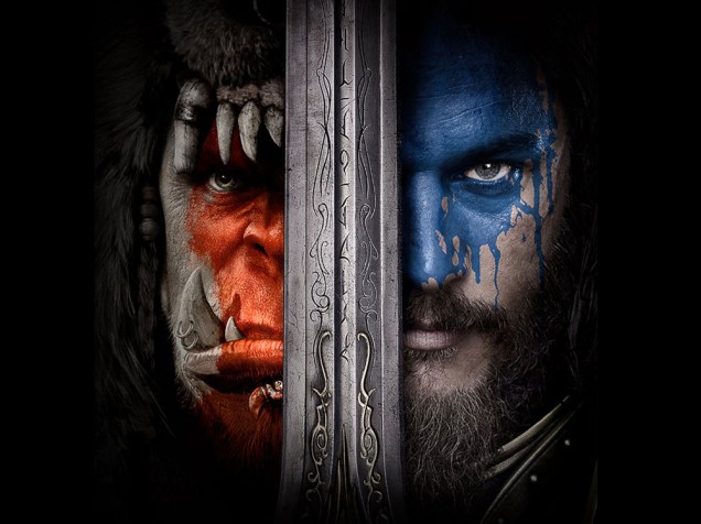 Cartaz do filme Warcraft - O Primeiro Encontro de Dois Mundos, que m ostra a separação entre a Horda e a Aliança