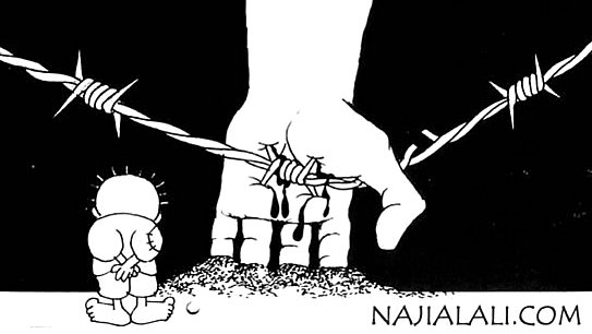 A criança palestina Handala, personagem do cartunista Naji al Ali, assiste às perdas de seu povo