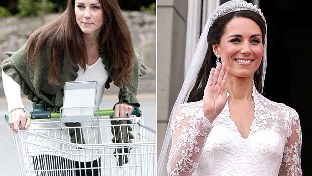 Catherine: à esquerda, o flagra do jornal 'Daily Mail', e à direita, no casamento