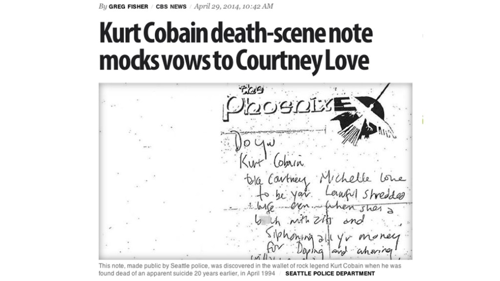 Suposto bilhete de Kurt Cobain divulgado pela polícia de Seattle