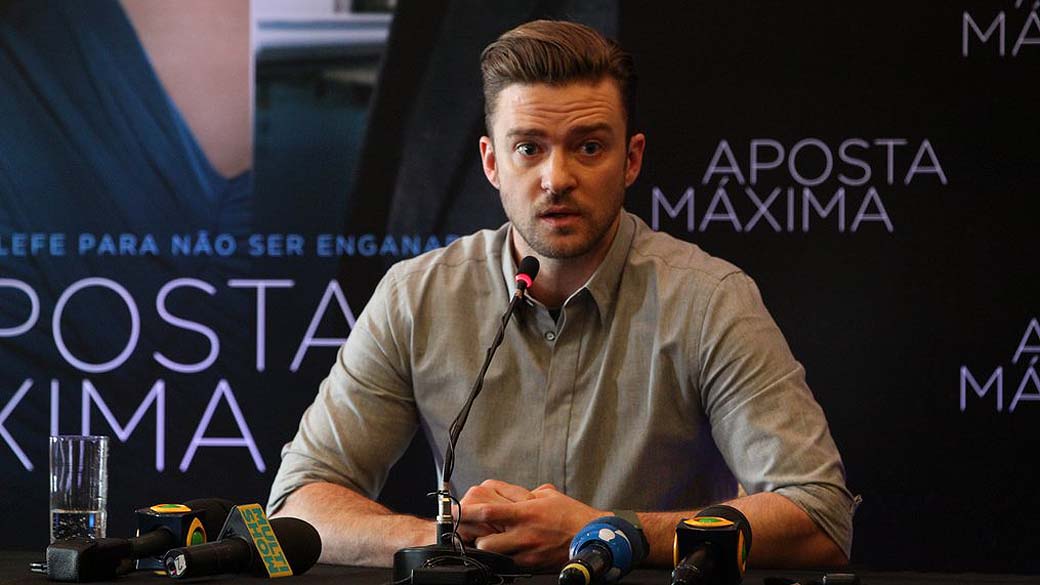 Justin Timberlake participa de coletiva de imprensa para lançamento do filme 'Aposta Máxima', no Hotel Copacabana Palace, no Rio de Janeiro