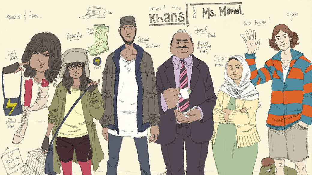 Família de Kamala Khan (a 2ª da esquerda para a direita), a Miss Marvel muçulmana