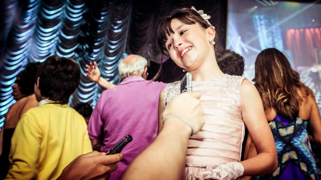 Atriz Larissa Manoela que interpreta Maria Joaquina na novela Carrossel durante evento realizado em um circo, em São Paulo