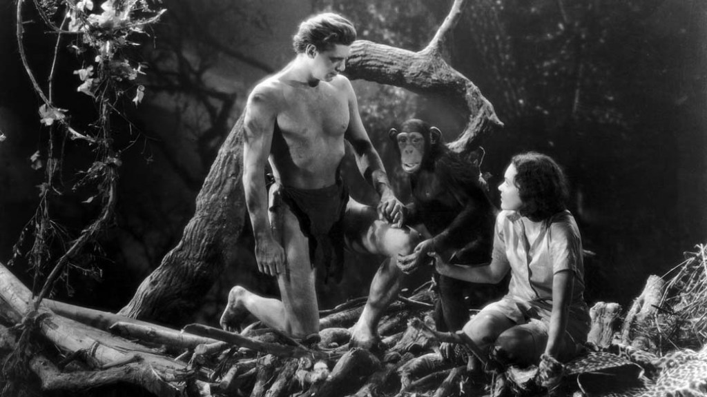 Johnny Weissmuller, como Tarzan, Maureen O'Sullivan, como Jane, e Chita (Cheetah), o chimpanzé
