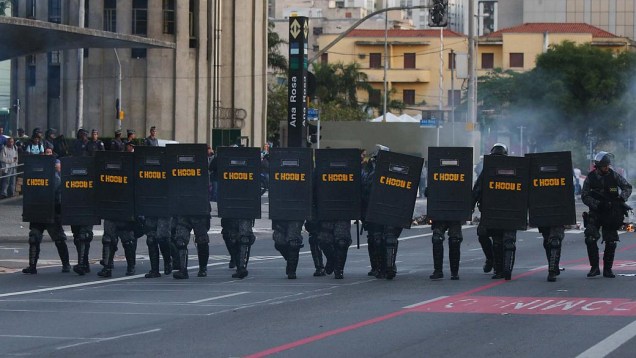 Tropa de choque durante protesto próximo a estação Ana Rosa do Metrô na paralisação dos metroviários em São Paulo, SP, nesta segunda-feira Tropa de choque durante protesto próximo a estação Ana Rosa do Metrô na paralisação dos metroviários em São Paulo, SP, nesta segunda-feira