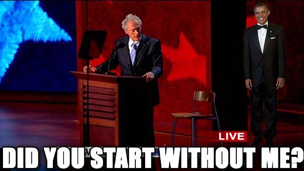 Discurso de Clint Eastwood em que conversou com cadeira vazia simbolizando o governo ausente de Barack Obama virou memê entre usuários da internet