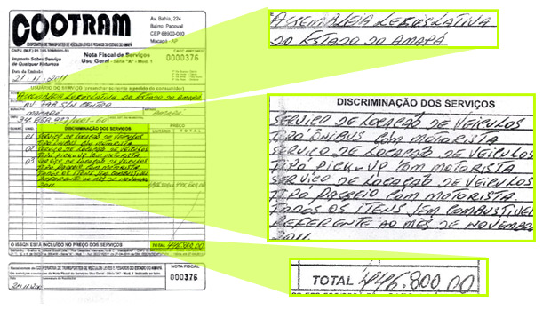 Reprodução de uma nota emitida pela Cootram: 446 mil reais pelo aluguel de seis veículos