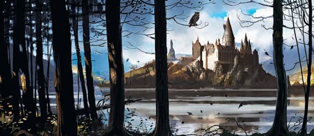 Correio-coruja e o castelo de Hogwarts, a escola de magia de Harry Potter e seus amigos. Ilustração de Rob Bliss, para o filme Harry Potter e a Ordem da Fênix (2007).