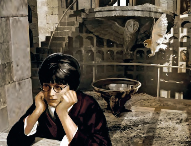 Harry Potter no corujal de Hogwarts, por Andrew Williamson, para Harry Potter e o<br>Cálice de Fogo (2005).