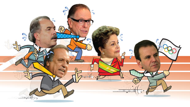 XÔ, PREGUIÇA - Mercadante, Luiz Fernando Pezão, Nuzman, Dilma e Paes (da esq. para a dir.): para a Olimpíada funcionar, será preciso deixar os egos de lado, vencer a letargia e dar a largada nos projetos que repousam no papel