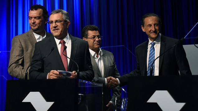 Candidatos ao governo de São Paulo durante debate promovido por SBT, Folha de S. Paulo, UOL e rádio Jovem Pan, em 25/08/2014