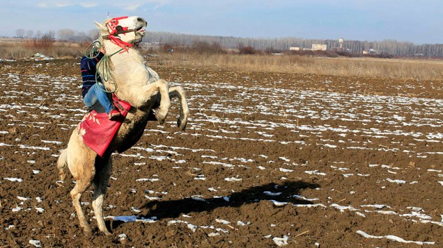 Homem a cavalo durante a corrida anual em comemoração ao Dia da Epifania, na aldeia romena de Pietrosani