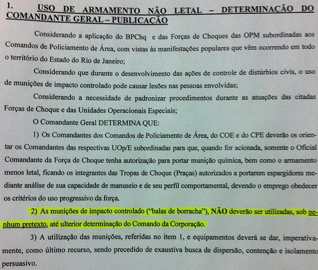 Documento assinado por comandante da PM do Rio proíbe balas de borracha