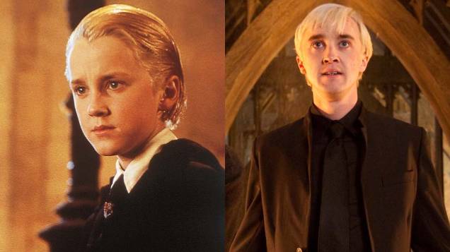 Tom Felton como Draco Malfoy em <em>Harry Potter e a Pedra Filosofal</em>, de 2001, e em <em>Harry Potter e as Relíquias da Morte: Parte 2</em>, de 2011
