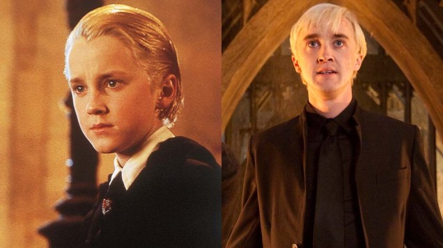 Tom Felton como Draco Malfoy em <em>Harry Potter e a Pedra Filosofal</em>, de 2001, e em <em>Harry Potter e as Relíquias da Morte: Parte 2</em>, de 2011