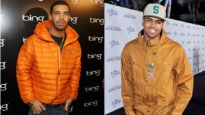 Os rappers Drake (à esquerda) e Chris Brown (à direita)