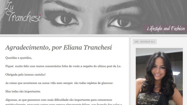 O blog de Luciana Tranchesi, filha de Eliana, onde a empresária publicou carta de agradecimento falando sobre a luta contra o câncer