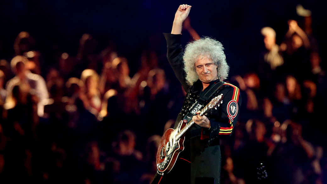 O guitarrista do Queen, Brian May, na festa de encerramento dos Jogos Olímpicos de Londres, em 12/08/2012
