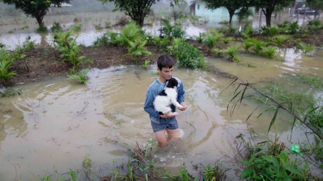 Criança retira cachorro de área completamente alagada na cidade de Gaspar, Santa Catarina