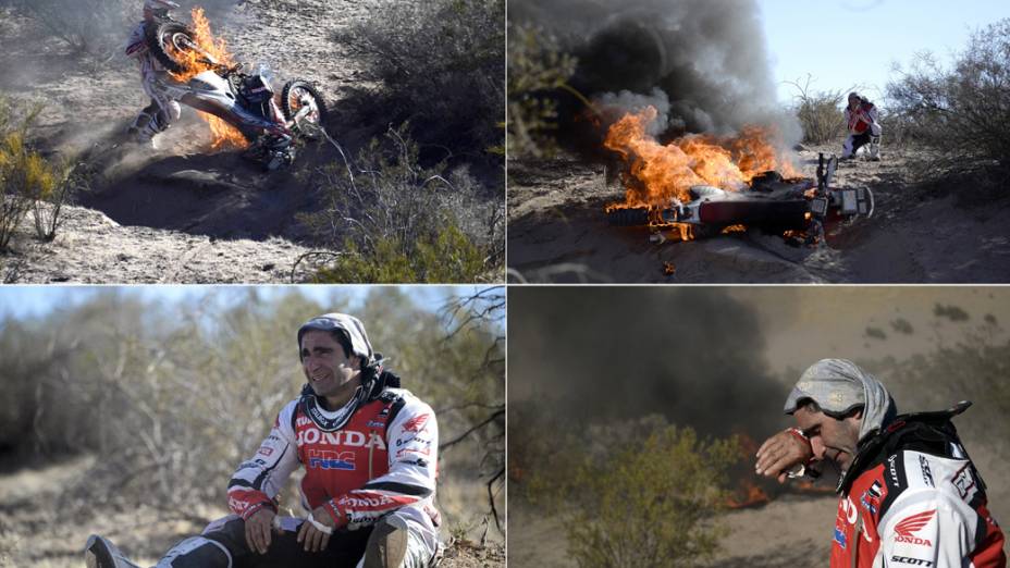 O piloto português Paulo Gonçalves: moto pegou fogo na quinta etapa do Dacar