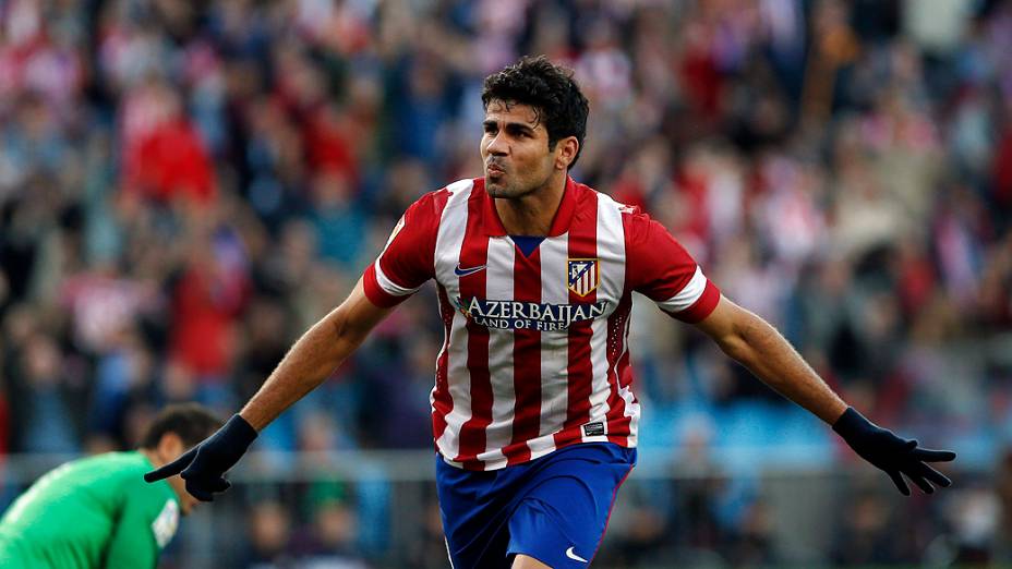 Diego Costa comemora gol em partida entre Athletic de Bilbao e Atlético de Madrid, em partida válida pelo Campeonato Espanhol, no estádio Vicente Calderón, em Madrid