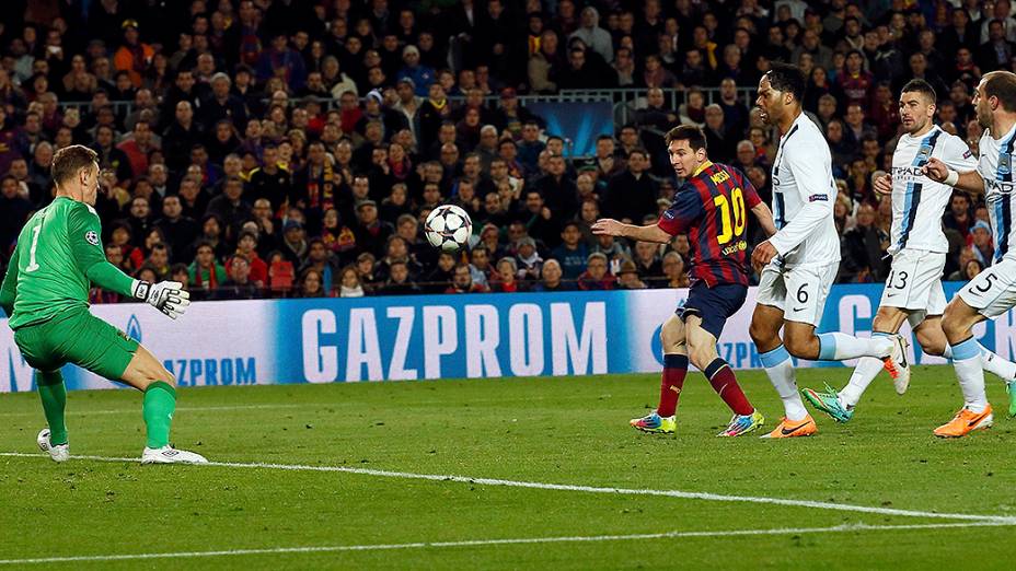 Messi marcou o primeiro gol do Barcelona na vitória por 2 a 1 sobre o Manchester City, na partida válida pelas oitavas de final da Liga dos Campeões