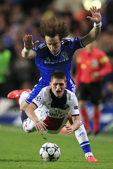 David Luiz, do Chelsea, com Marco Verratti, do PSG