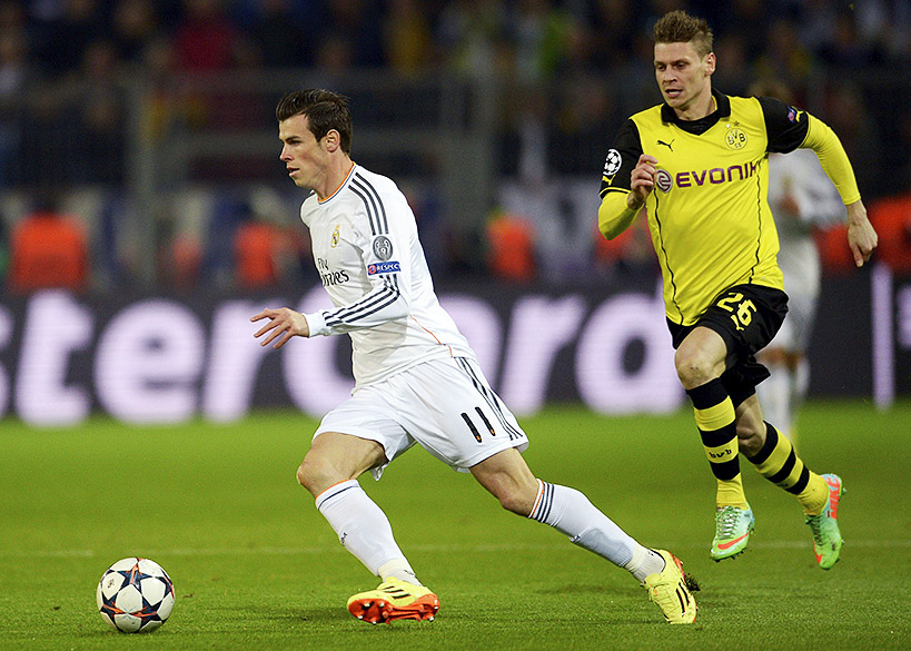 Jogador Gareth Bale, do Real Madri, durante a segunda partida das quartas de final da Liga dos Campeões contra o Borussia Dortmund, na Alemanha