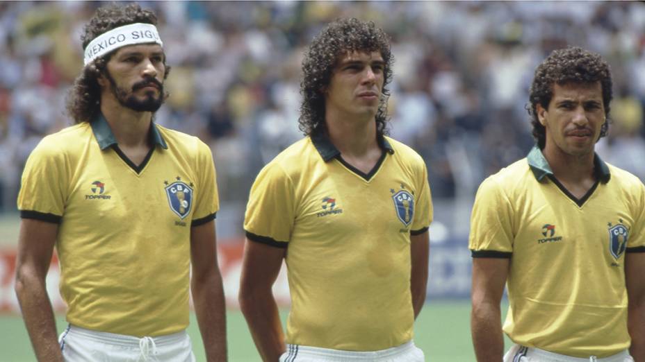 Sócrates, Casagrande e Careca antes do jogo entre Brasil e Espanha, na Copa do Mundo de 1986