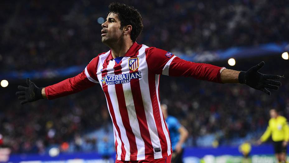 Diego Costa comemora gol marcado na vitória do Atlético de Madrid sobre o Porto por 3 a 2, em partida válida pela Liga dos Campeões