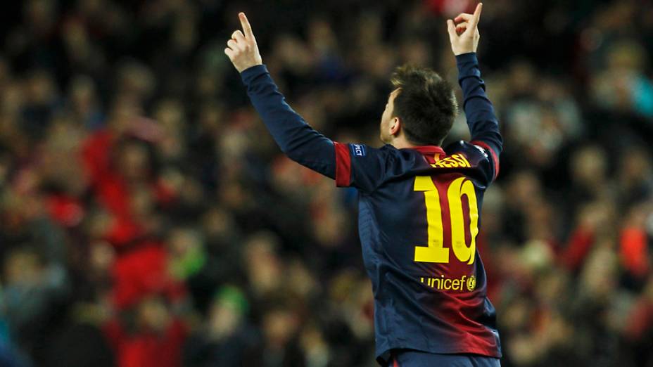 Lionel Messi comemora o primeiro gol do Barcelona