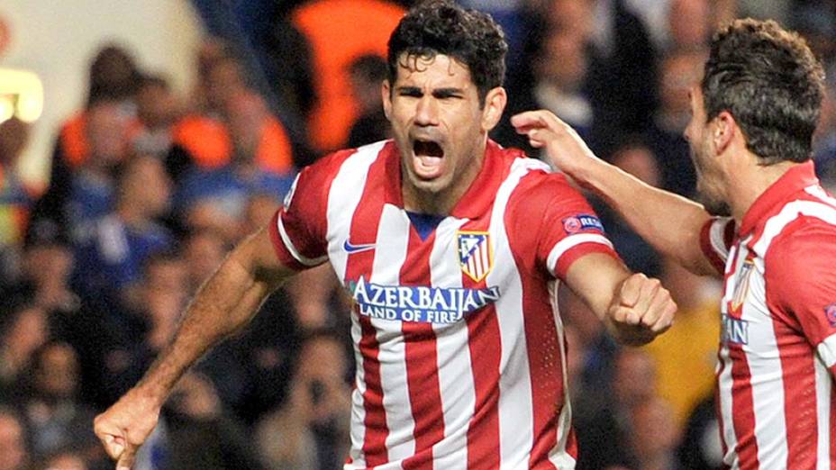 Diego Costa comemora gol pelo Atlético de Madri contra o Chelsea, na Liga dos Campeões