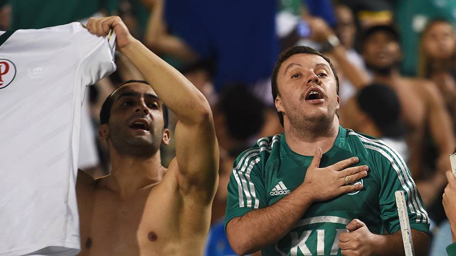 Torcedor do Palmeiras comemora o primeiro gol da equipe contra o Vitória, no Pacaembu