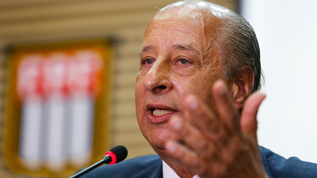 O presidente da Federação Paulista de Futebol, Marco Polo Del Nero reeleito para o mandato de 2015 até 2018, na sede da entidade, no bairro da Barra Funda em São Paulo
