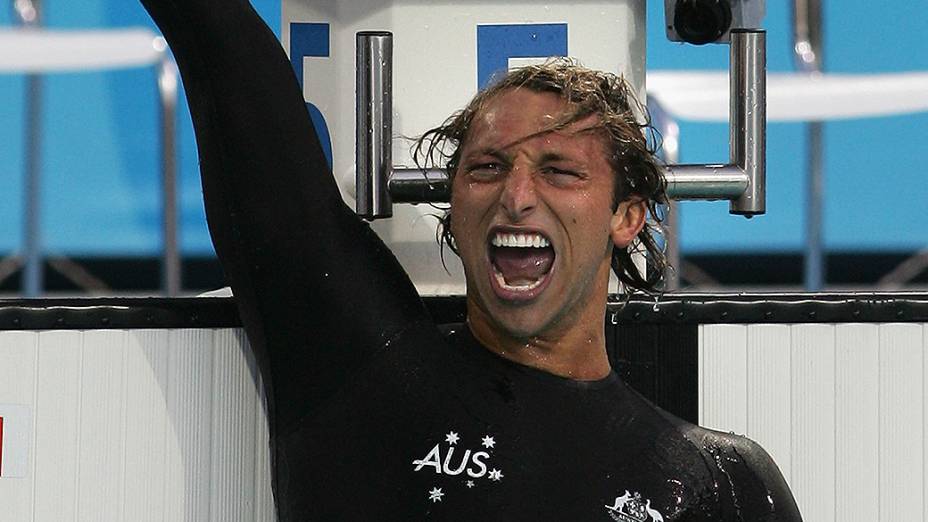 Ian Thorpe após vitória na prova dos 200 metros livre nos Jogos Olímpicos de Atenas, em 2004