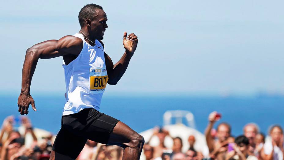 Usain Bolt durante desafio de 150 metros em Copacabana, Rio de Janeiro, em março de 2013