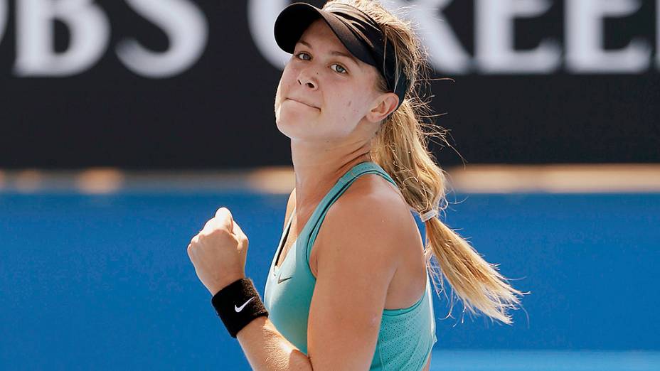 A canadense Eugenie Bouchard comemora vitória sobre Lauren Davis dos Estados Unidos durante o Aberto da Austrália 2014, em Melbourne