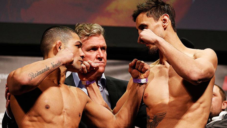 Brasileiro Diego Brandão participa da pesagem para a luta contra o americano Pablo Garza pelo UFC Suécia, em Estocolmo
