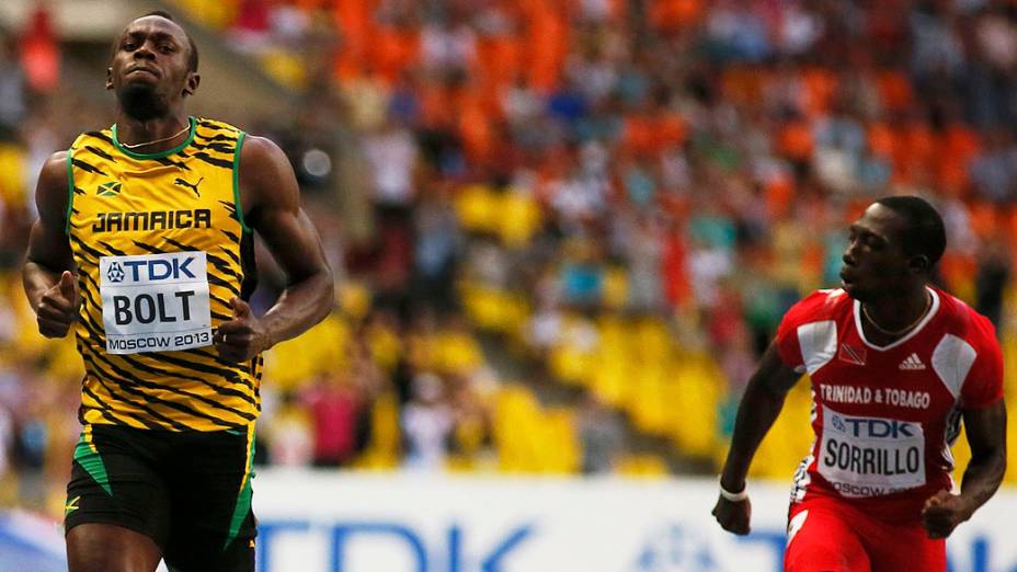 Usain Bolt, vence a prova dos 100 metros em sua estreia no Campeonato Mundial de Atletismo, no estádio Luzhniki, em Moscou