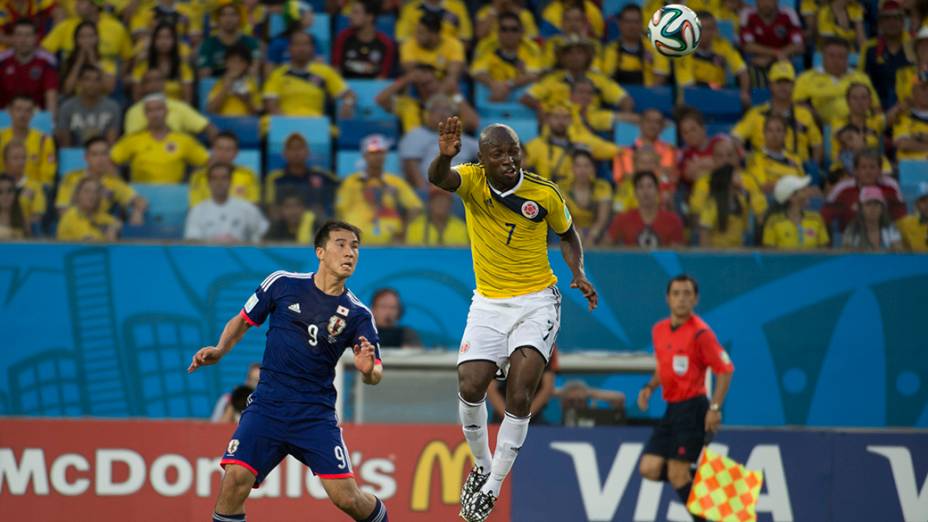 Lance no jogo entre Japão e Colômbia na Arena Pantanal, em Cuiabá