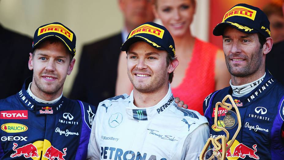  Vencedor Nico Rosberg (C) da Alemanha e da Mercedes comemora com o segundo colocado Sebastian Vettel (E) da Alemanha e da Infiniti Red Bull Racing e terceiro colocado Mark Webber (D) da Austrália e Infiniti Red bull Racing após o GP de Mônaco