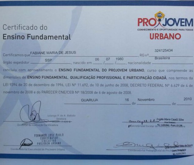 Diploma do Ensimo Médio da vítima morta por linchamento no Guarujá, litoral de São Paulo