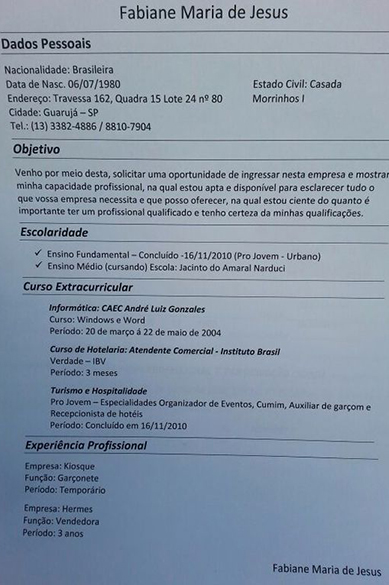Currículo de Fabiane Maria de Jesus, vítima morta por espancamento no Guarujá, litoral de São Paulo
