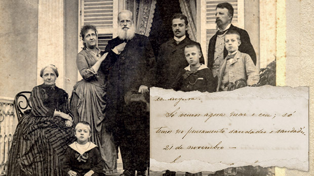 PERTO DO FIM - Em 1889, a família posa em Petrópolis (Teresa Cristina, sentada, e, de pé, Isabel, dom Pedro, o neto Pedro Augusto, e o conde d’Eu): no diário, o sofrimento ao partir