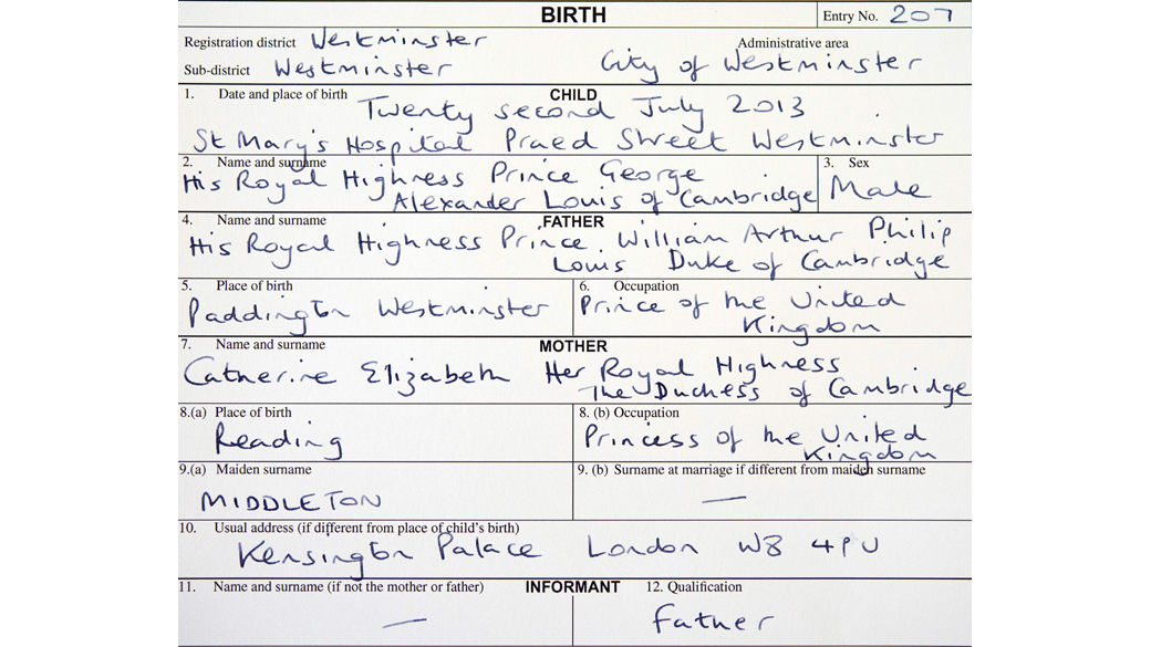 Cópia da certidão de nascimento do príncipe George de Cambridge registrado pelos pais William e Kate, nesta sexta-feira (01)